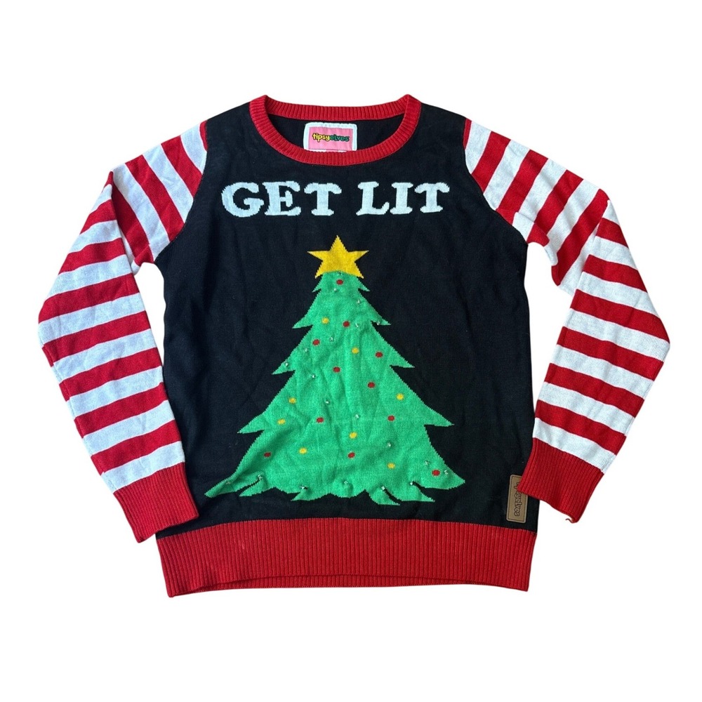 Tipsy Elves Sweater Women Black Christmas Tree Light Up Get Lit SIZE XS